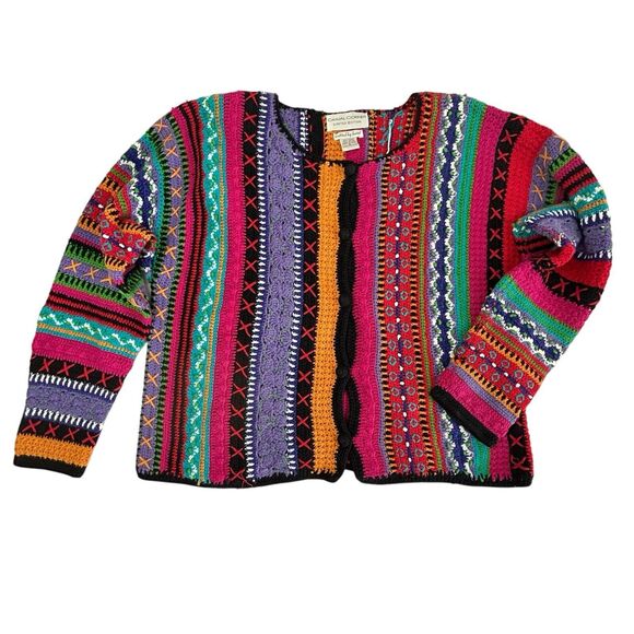 Casual Corner Limited Edition Knitted By Hand Cardigan Sweater Small Rainbow - Picture 2 of 8
